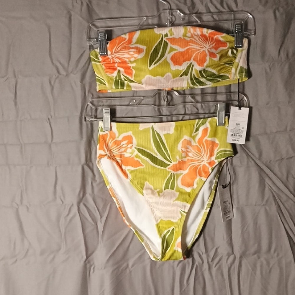 Shade & Shore Lime and White High Waist Bikini And Strapless Top
